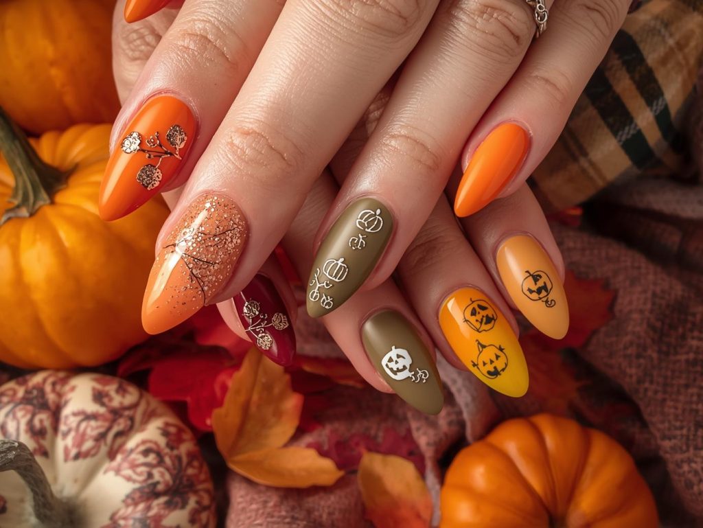 Pumpkin nail designs with gold glitter pumpkin accents, bronze pumpkin vine details, white pumpkin patterns, and black jack-o'-lantern embellishments for captivating Pinterest inspiration.