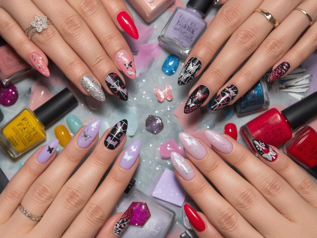  Manicure inspiration with gold foil accents, silver geometric patterns, holographic butterfly decals, and white floral stamping for captivating Pinterest inspiration.