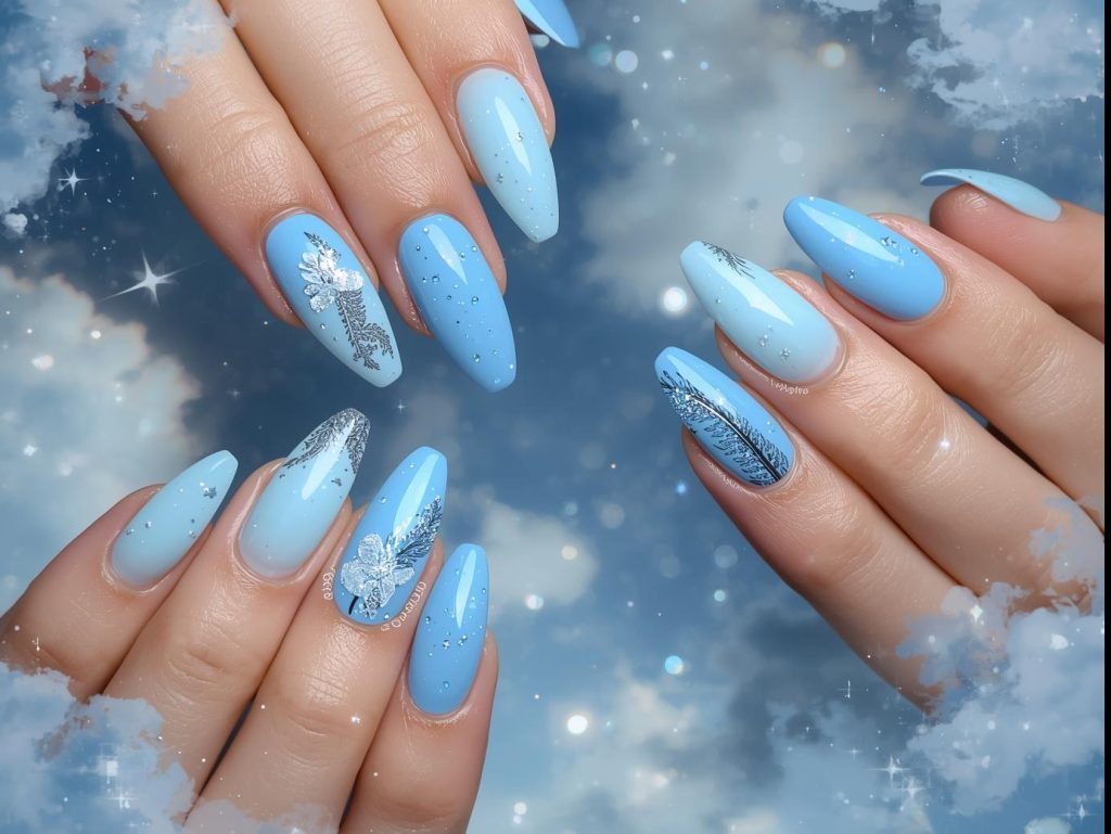 Sky Blue Nail Designs: Serene and Pinterest-Worthy Manicures to Adore 2 Sky blue nail designs with silver cloud accents, glittery star sparkles, white feather patterns, and holographic moon details for captivating Pinterest inspiration.