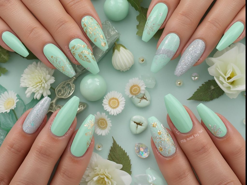 Mint green nail designs with gold foil leaves, silver glitter waves, daisy accents, and holographic seashell details for captivating Pinterest inspiration.