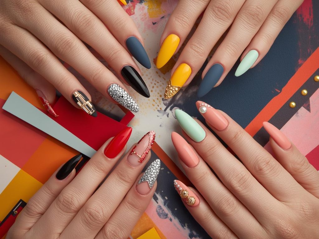 Color block nail art with silver accents, gold details, holographic patterns, and pearl embellishments for captivating Pinterest inspiration.