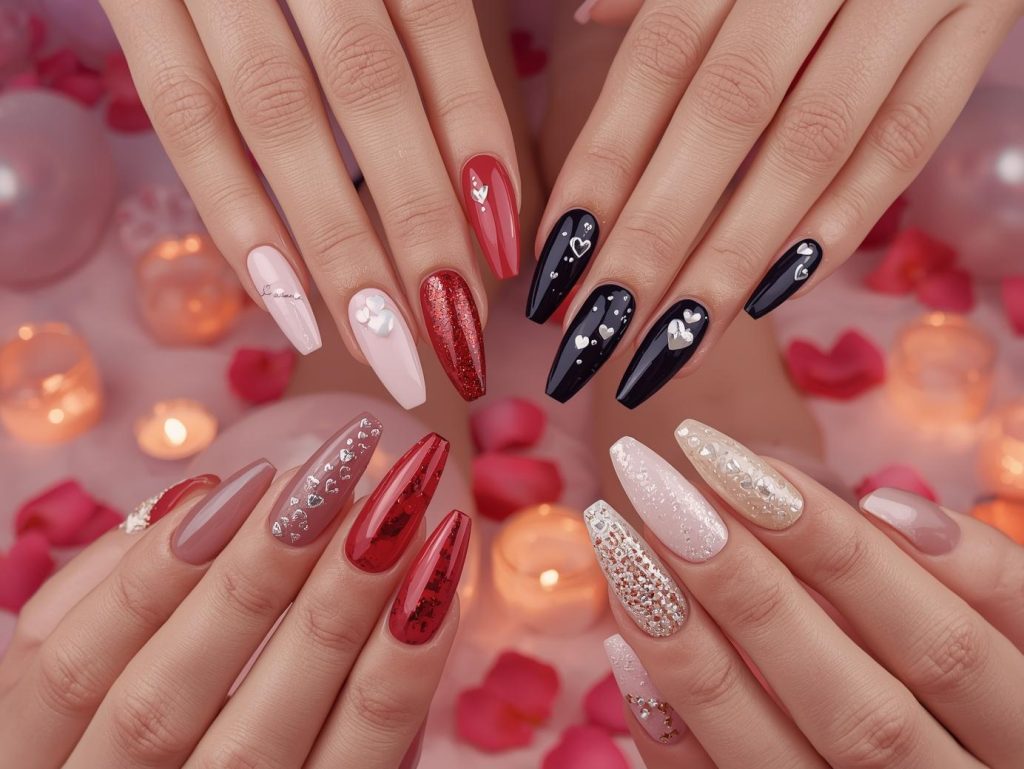 Heart Nail Designs: Romantic and Pinterest-Worthy Manicures to Adore 2 Heart nail designs with white heart accents, gold glitter heart details, silver heart patterns, and pearl heart embellishments for captivating Pinterest inspiration.