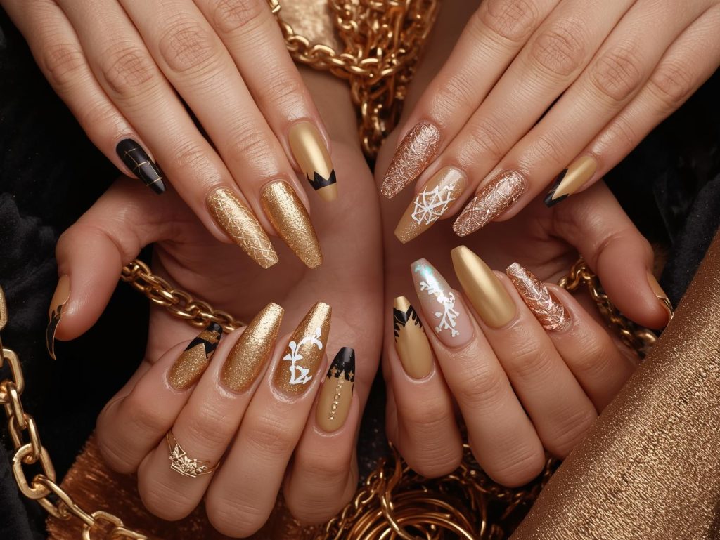 Metallic Gold Nail Designs: Opulent and Pinterest-Worthy Manicures to Adore 2 Metallic gold nail designs with black foil geometrics, holographic glitter sparkles, white minimalist crown patterns, and rose gold leaf details for captivating Pinterest inspiration.