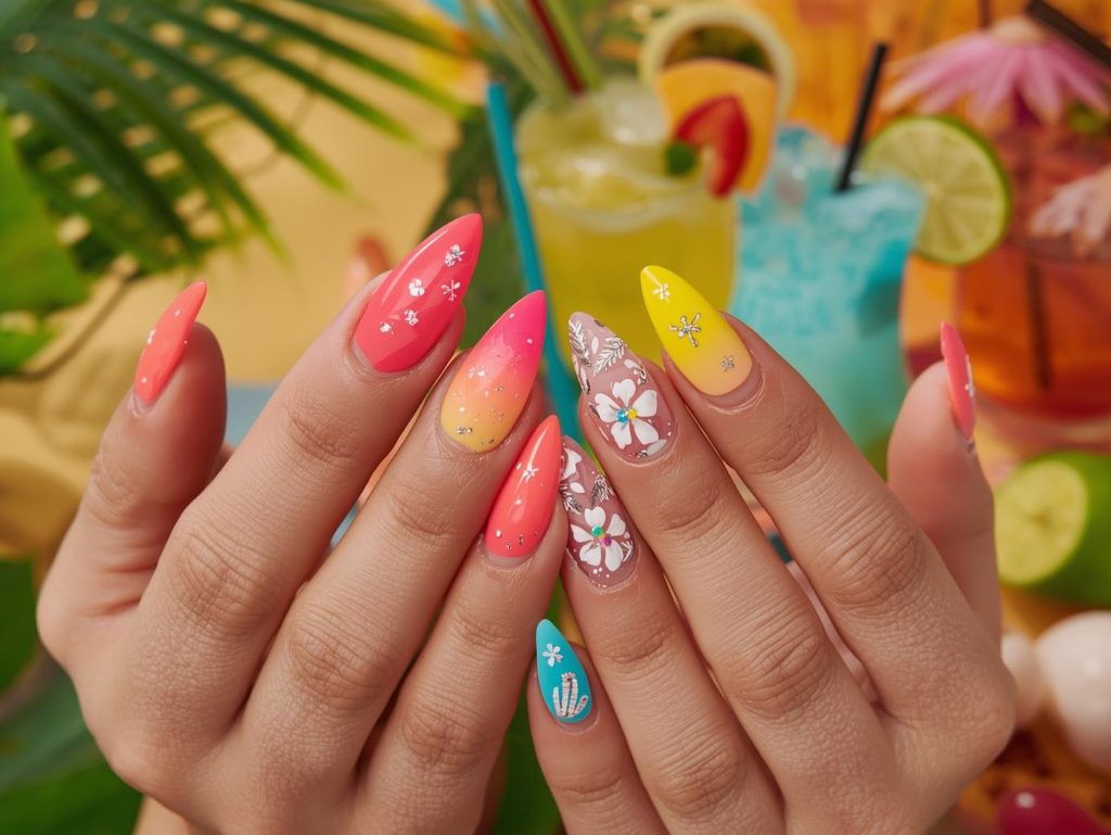  Bright summer nail designs with neon coral palm leaves, hot pink glitter sparkles, electric yellow tropical flowers, and turquoise seashell details for captivating Pinterest inspiration.