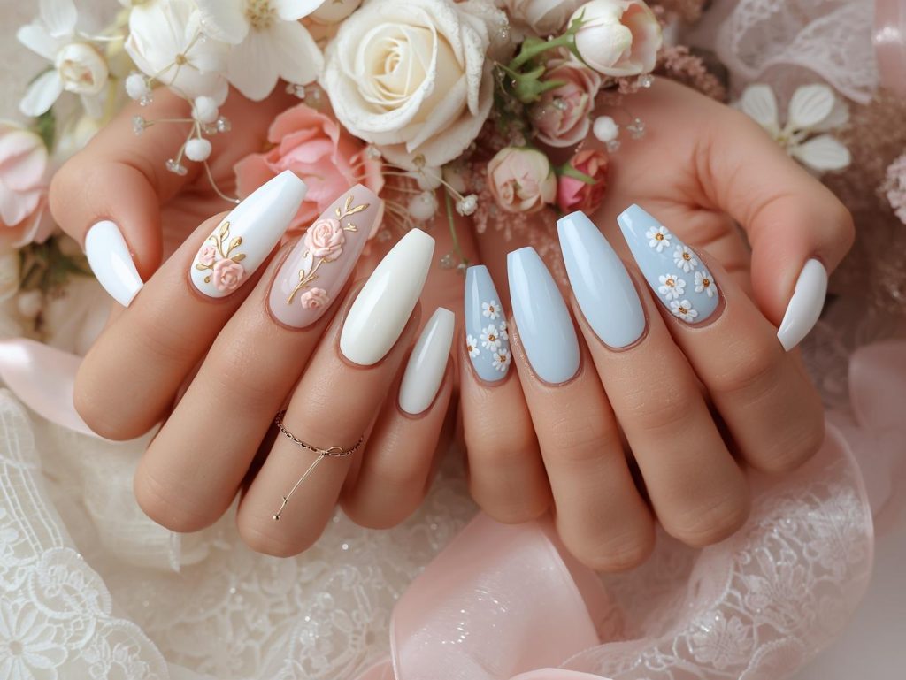 Floral French nail designs with soft pink floral accents, lavender flower details, gold rose embellishments, and white daisy patterns for captivating Pinterest inspiration.