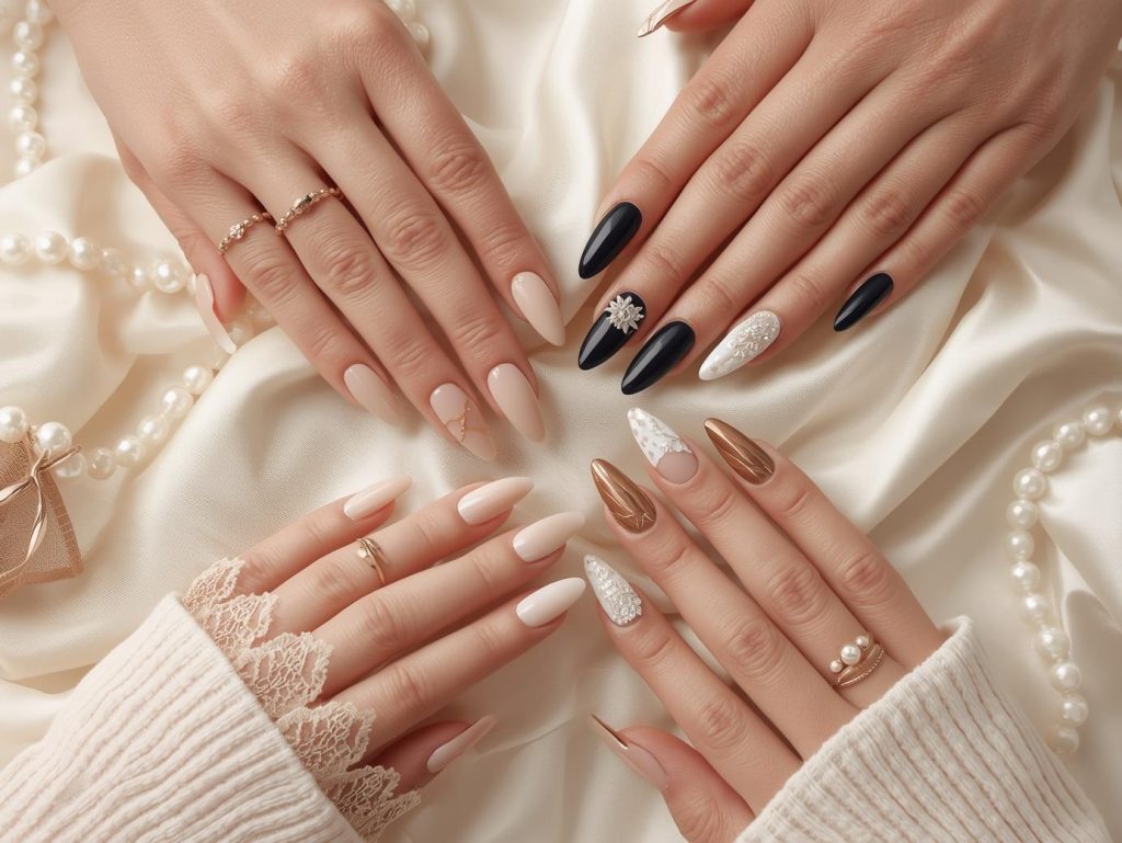 Classy Nail Designs: Elegant and Pinterest-Worthy Manicures to Adore 2 Classy nail designs with rose gold French tips, gold foil minimalist accents, pearl embellishments, and ivory lace patterns for captivating Pinterest inspiration.