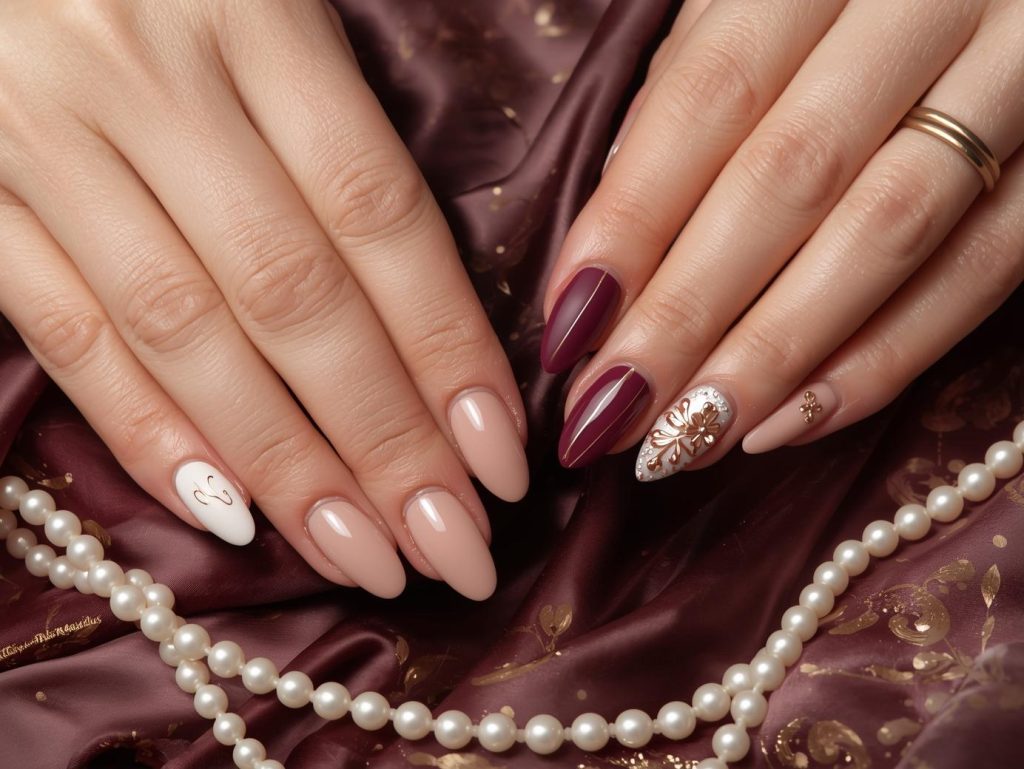 Alt Text: Elegant nail designs with gold foil swirls, pearl embellishments, silver minimalist lines, and rose gold floral details for captivating Pinterest inspiration.