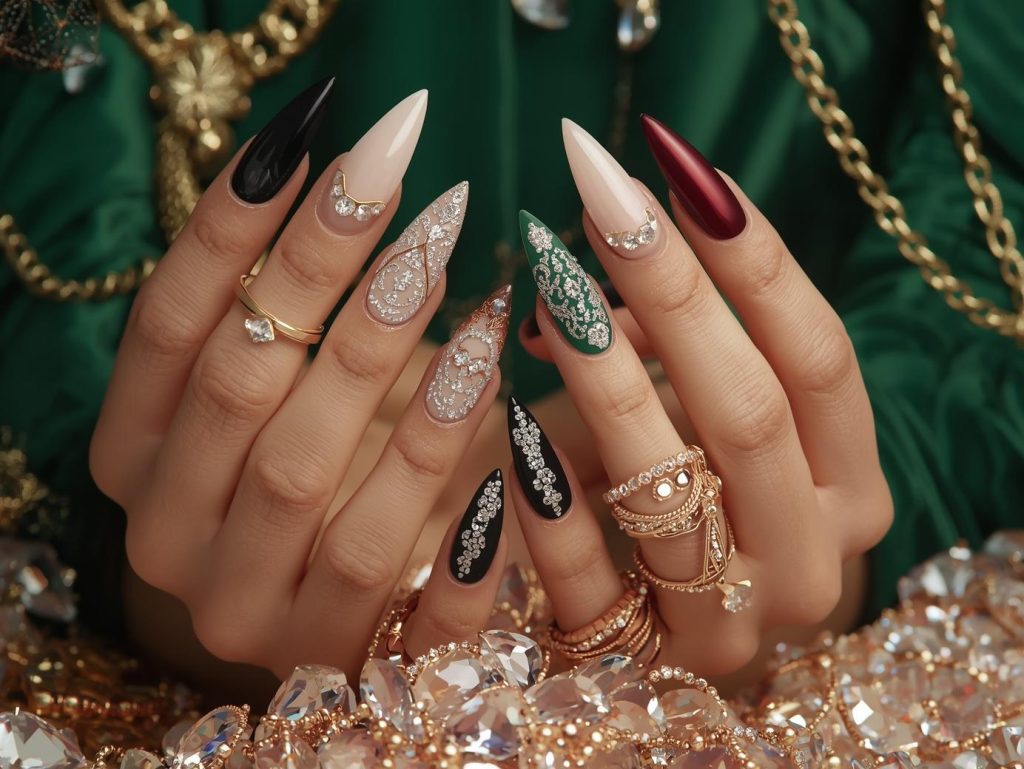 Luxury nail designs with gold foil baroque accents, diamond-like crystals, silver filigree patterns, and rose gold caviar beads for captivating Pinterest inspiration.