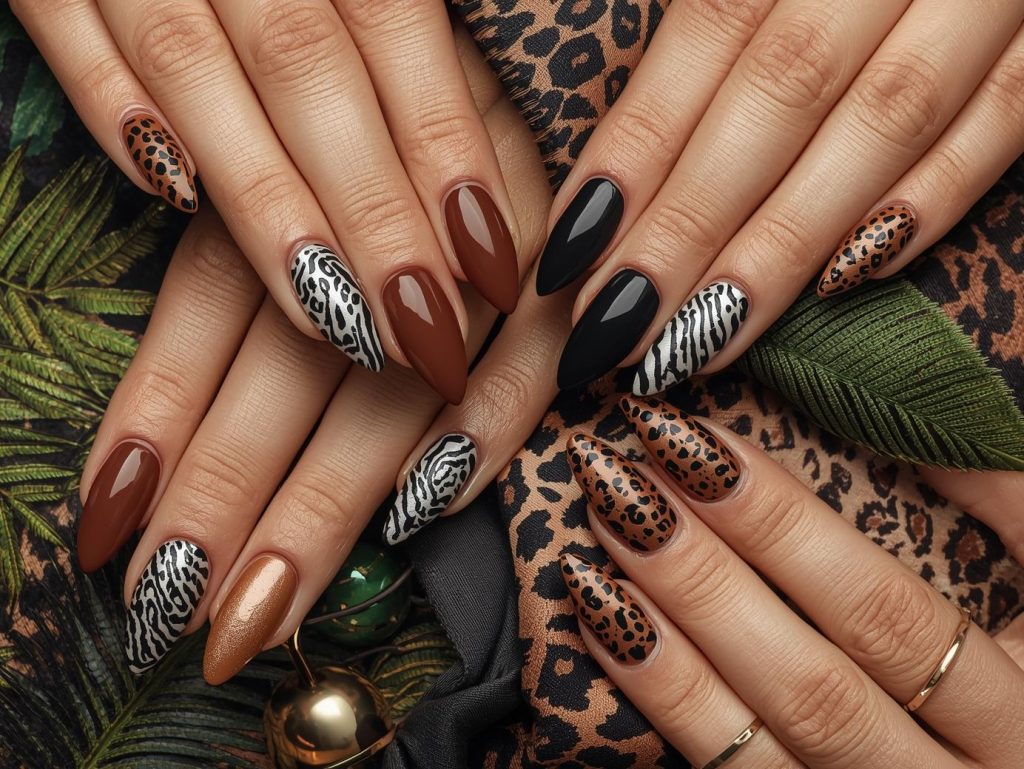 Animal print nail designs with black leopard spots, gold zebra stripes, silver cheetah patterns, and bronze tiger print accents for captivating Pinterest inspiration.