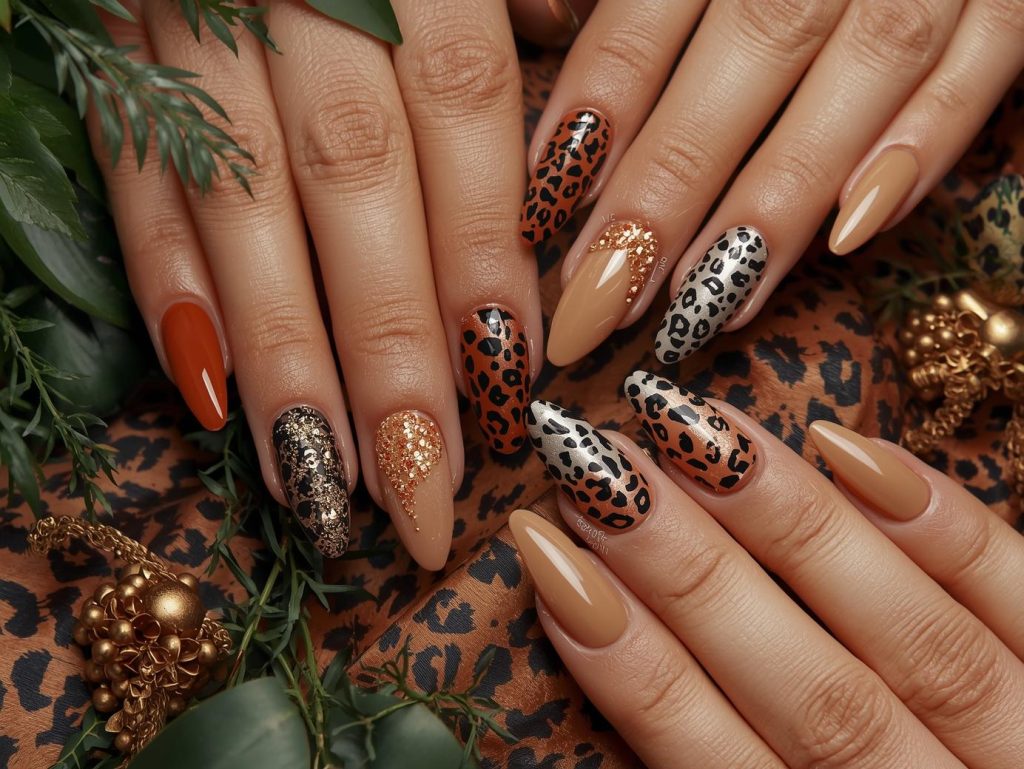 Leopard print nail designs with black and bronze leopard spots, gold glitter leopard accents, silver leopard patterns, and copper leopard print details for captivating Pinterest inspiration.