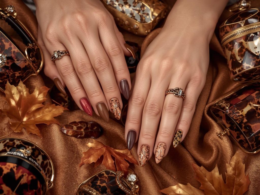 Tortoise shell nail designs with black and caramel swirls, gold tortoise shell accents, bronze tortoise patterns, and copper tortoise shell details for captivating Pinterest inspiration.
