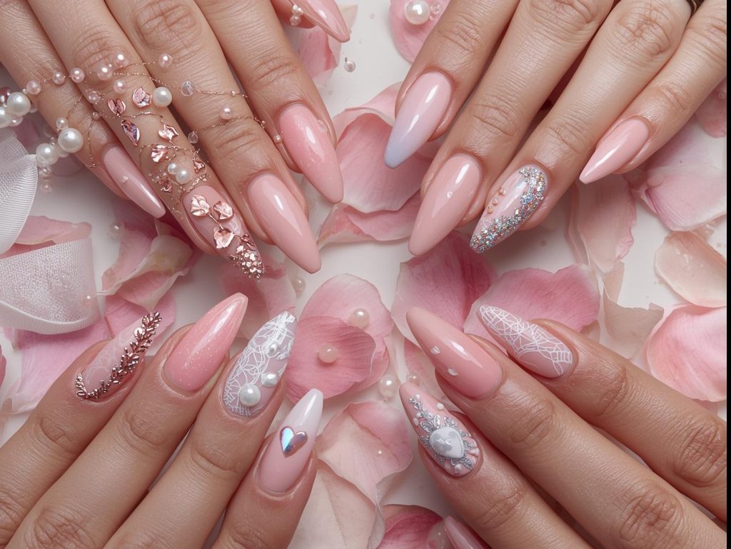 Blush nail designs with rose gold foil petals, shimmering pearl sparkles, white lace patterns, and holographic heart details for captivating Pinterest inspiration.