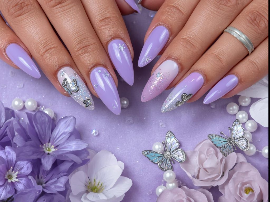 Lavender Nail Designs: Dreamy and Pinterest-Worthy Manicures to Adore 2 Lavender nail designs with pearl swirls, silver glitter stars, floral lace patterns, and holographic butterfly accents for captivating Pinterest inspiration.