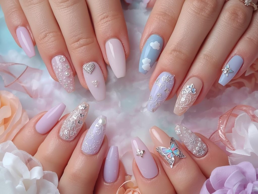 Soft Girl Nail Designs: Dreamy and Pinterest-Worthy Manicures to Adore 2 Soft girl nail designs with pearl heart accents, silver glitter clouds, white floral doodles, and holographic butterfly details for captivating Pinterest inspiration.