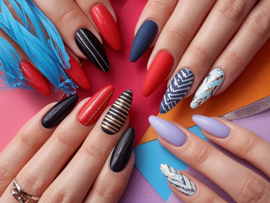 Striped nail designs with white vertical stripes, gold horizontal stripe accents, silver diagonal stripe patterns, and holographic stripe details for captivating Pinterest inspiration.