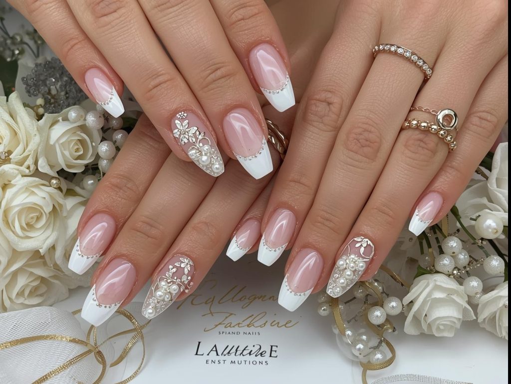 White French tip nail designs with classic glossy tips, gold foil accents, pearl embellishments, and holographic sparkle outlines for captivating Pinterest inspiration.