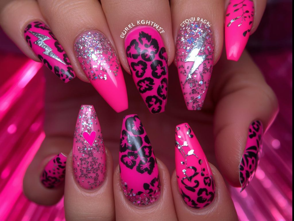 Hot Pink Nail Designs: Bold and Pinterest-Worthy Manicures to Obsess Over 2 Hot pink nail designs with silver chrome lightning bolts, glittery heart bursts, black leopard print, and holographic floral swirls for captivating Pinterest inspiration.