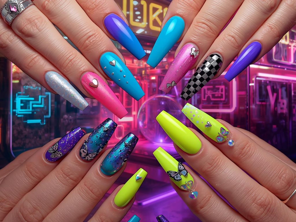 Y2K nail designs with holographic star stickers, silver chrome heart accents, black checkered patterns, and iridescent butterfly charms for captivating Pinterest inspiration.