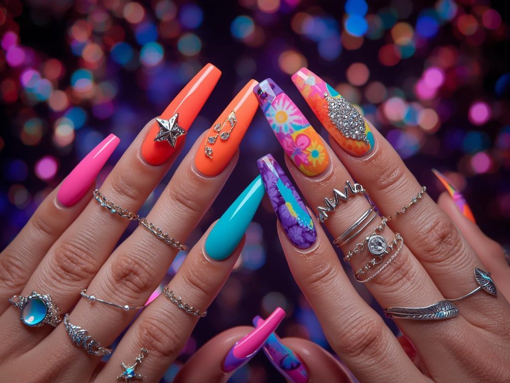 Festival Nail Designs: Vibrant and Pinterest-Worthy Manicures to Adore 2 Festival nail designs with holographic festival stars, gold glitter music notes, rainbow tie-dye patterns, and silver metallic feather charms for captivating Pinterest inspiration.
