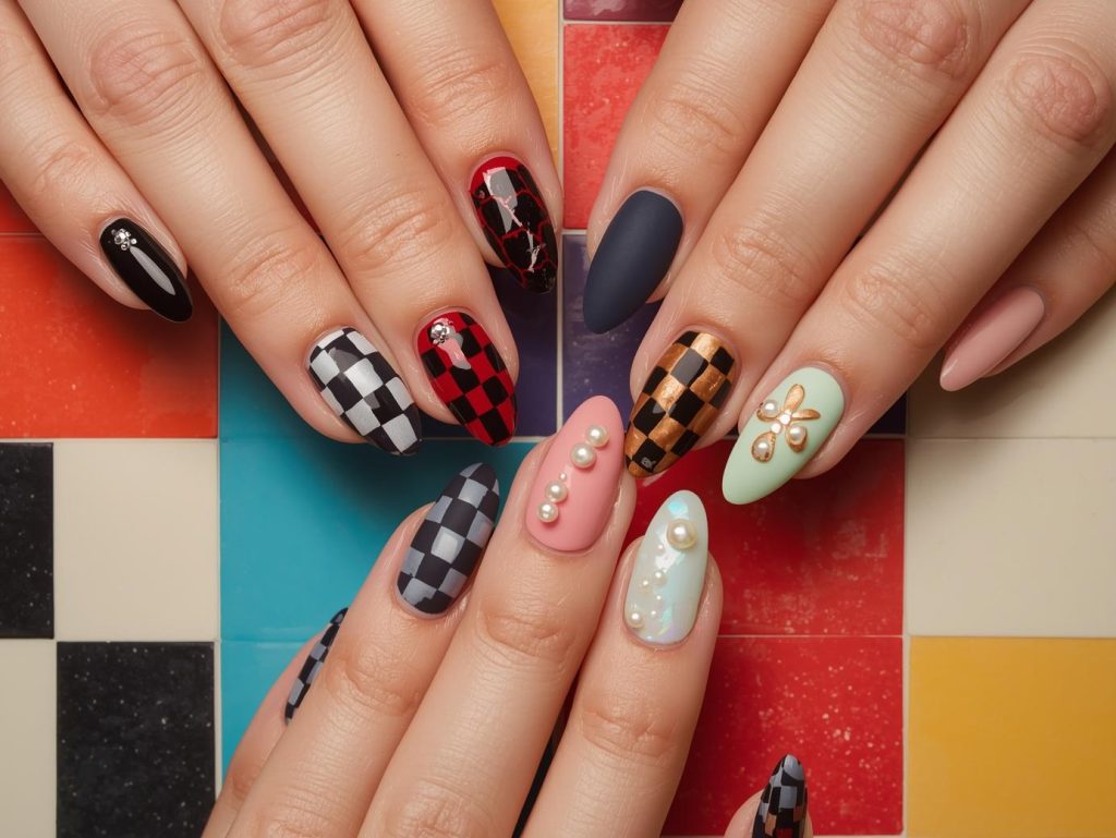 Checkerboard nail designs with silver accents, gold details, holographic patterns, and pearl embellishments for captivating Pinterest inspiration.
