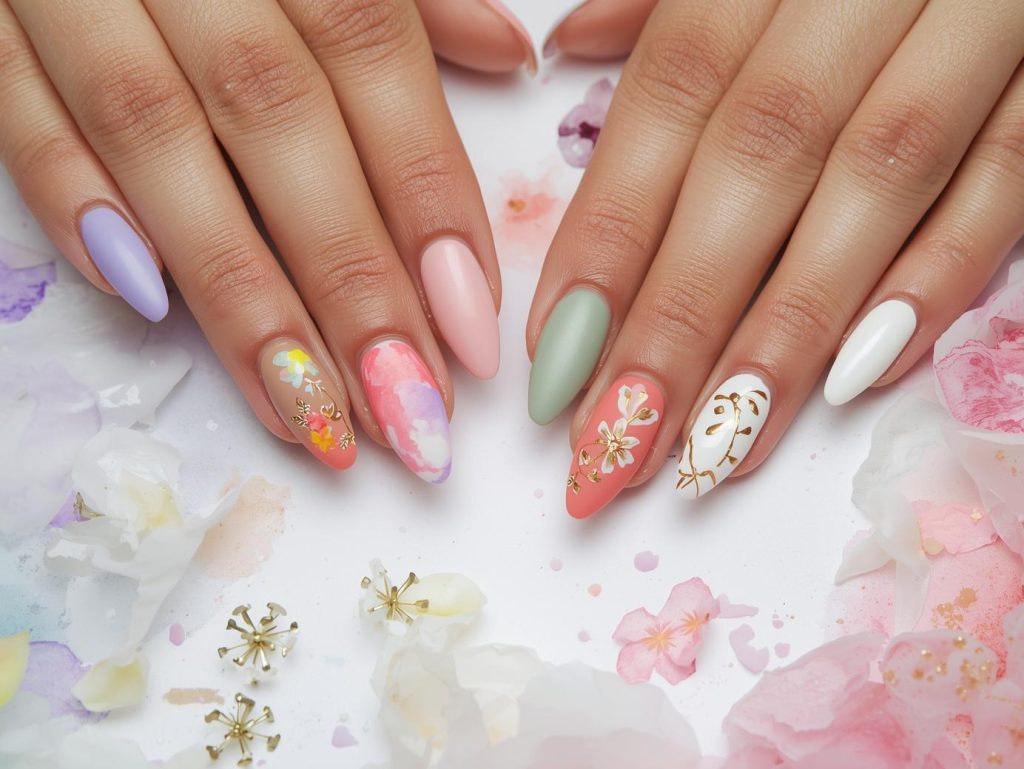 Watercolor Nail Designs: Dreamy and Pinterest-Worthy Manicures to Adore 2 Watercolor nail designs with pastel blue swirls, pink and yellow blends, white watercolor accents, and gold watercolor splashes for captivating Pinterest inspiration.