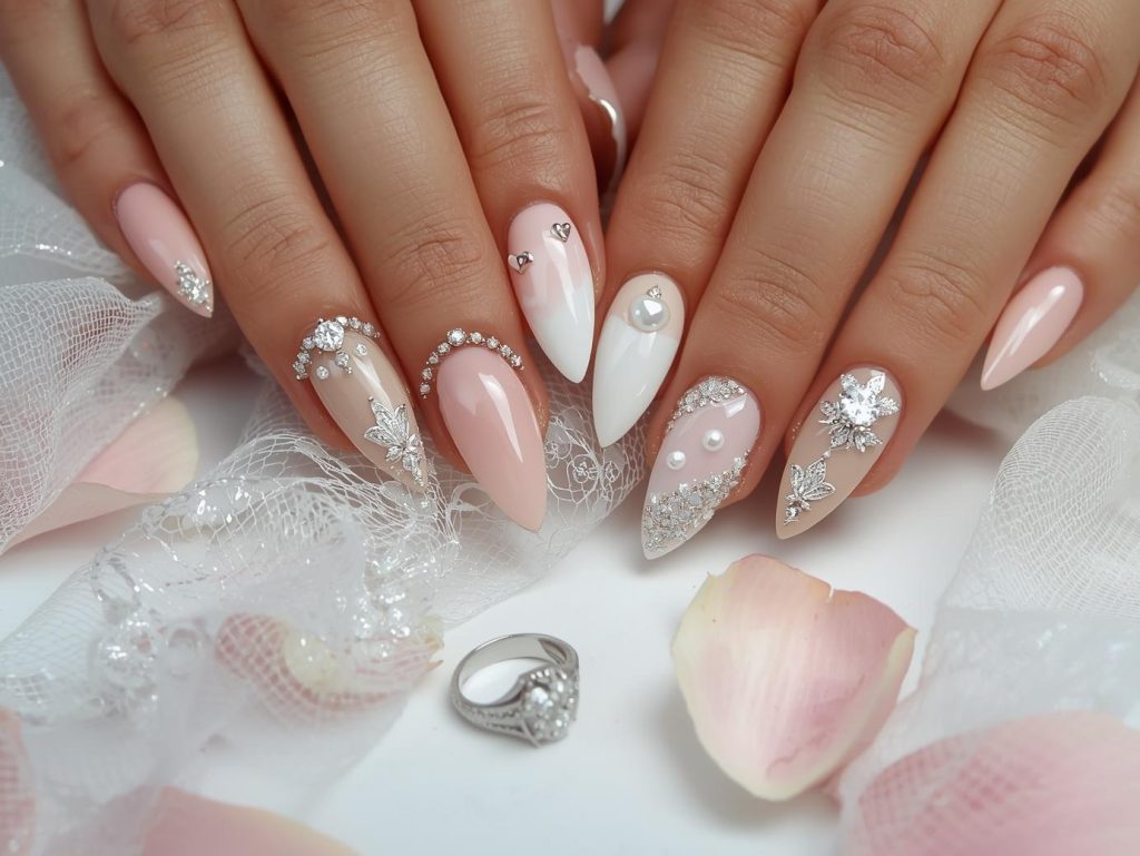 Engagement nail designs with diamond-like crystals, rose gold heart details, pearl embellishments, and silver floral filigree patterns for captivating Pinterest inspiration.
