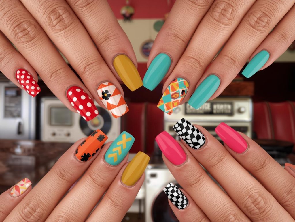 Retro nail designs with white polka dots, black vinyl record patterns, orange geometric shapes, and checkerboard details for captivating Pinterest inspiration.
