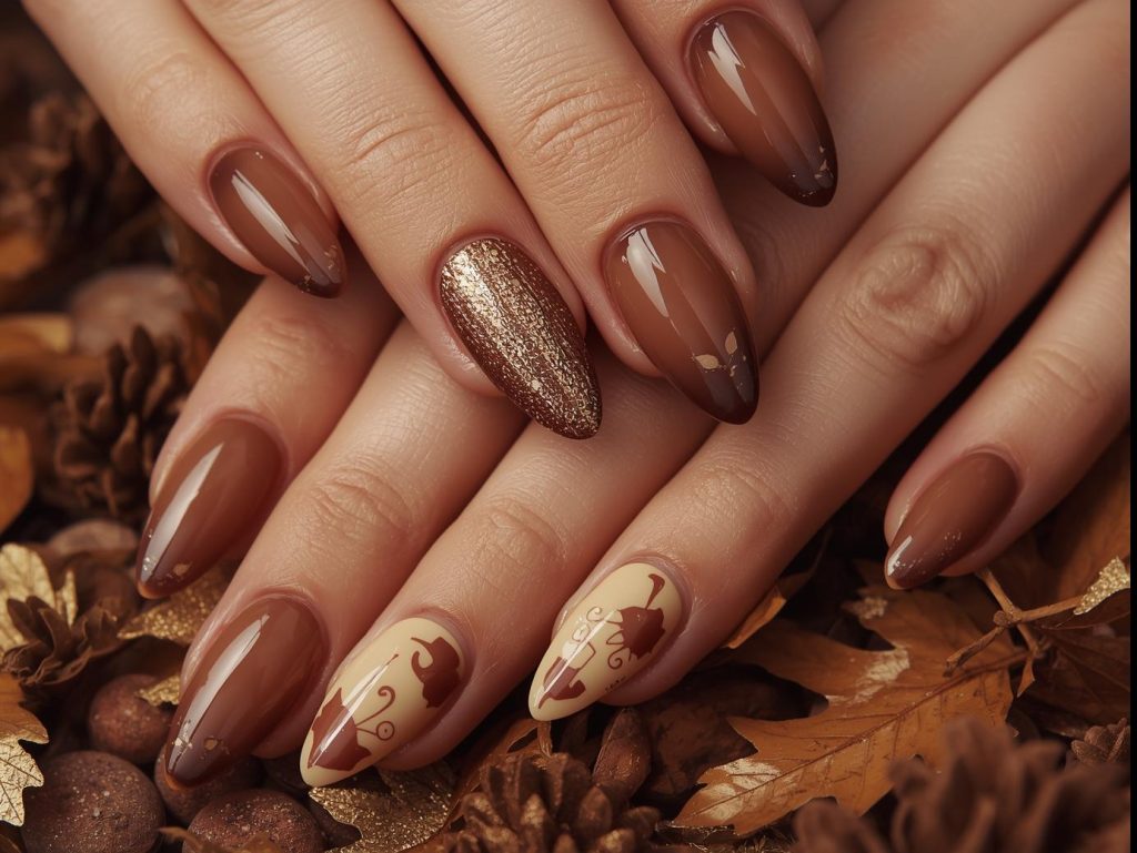 Brown Nail Designs: Warm and Pinterest-Worthy Manicures to Adore 2 Brown nail designs with gold foil leaves, bronze glitter sparkles, creamy beige swirls, and holographic acorn details for captivating Pinterest inspiration.