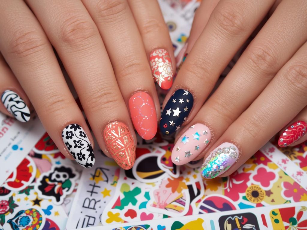 Nail sticker designs with black floral stickers, gold geometric stickers, silver star stickers, and holographic heart stickers for captivating Pinterest inspiration.