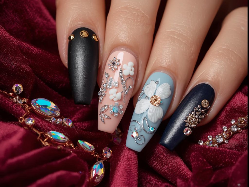 3D nail art designs with gold studs, crystal embellishments, textured floral patterns, and holographic gem accents for Pinterest inspiration.