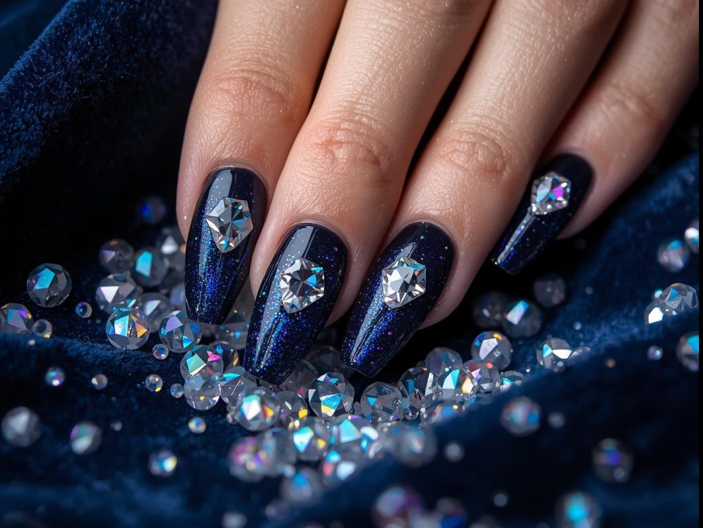 Holographic gem accent 3D nails with deep navy base.