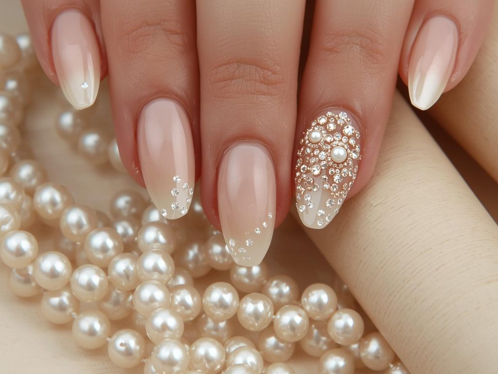Shimmering beige pearl grad cap nail art with glossy finish.
