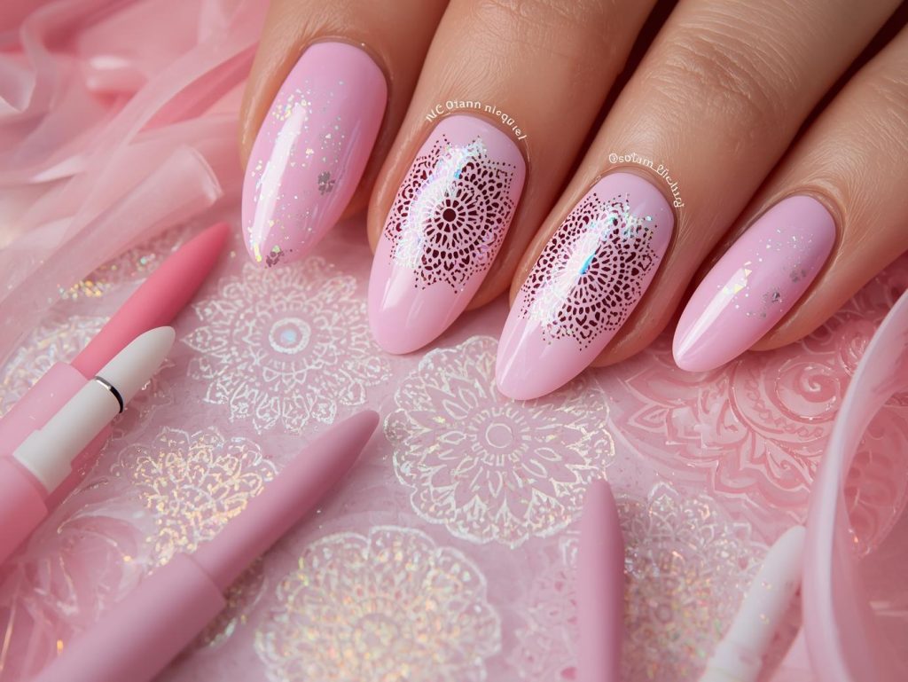 Soft pink holographic mandala stamped nail art with glossy finish.

