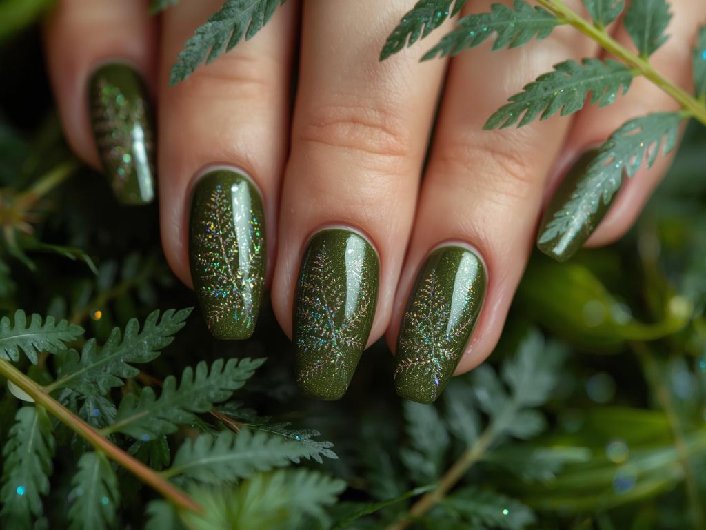 Olive Green Nail Designs: Earthy and Pinterest-Worthy Manicures to Adore 11 Glossy olive green holographic fern nail art with glossy finish.