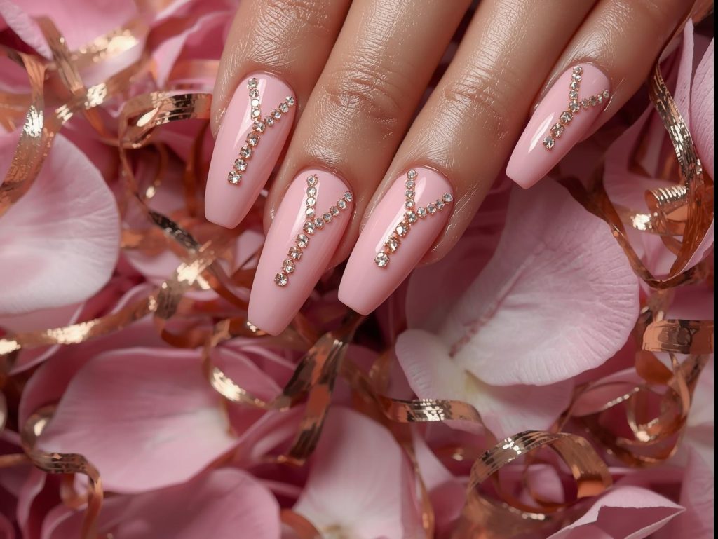 Delicate pink with rose gold rhinestone accent nail art with glossy finish