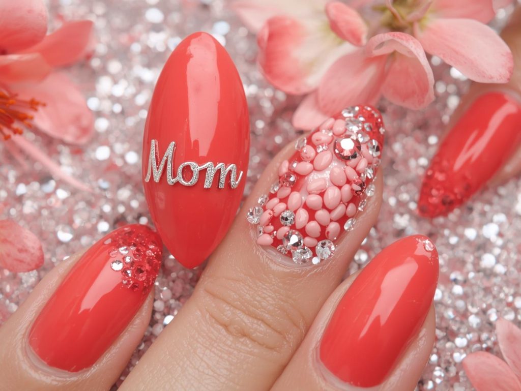 Mother's Day Nail Designs: Heartfelt and Pinterest-Worthy Manicures to Adore 11 Glossy coral silver script "Mom" nail art with glossy finish.