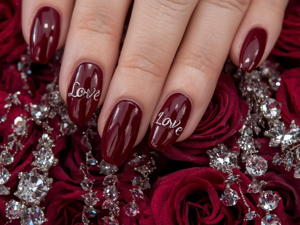 Glossy burgundy silver "Love" script nail art with glossy finish.