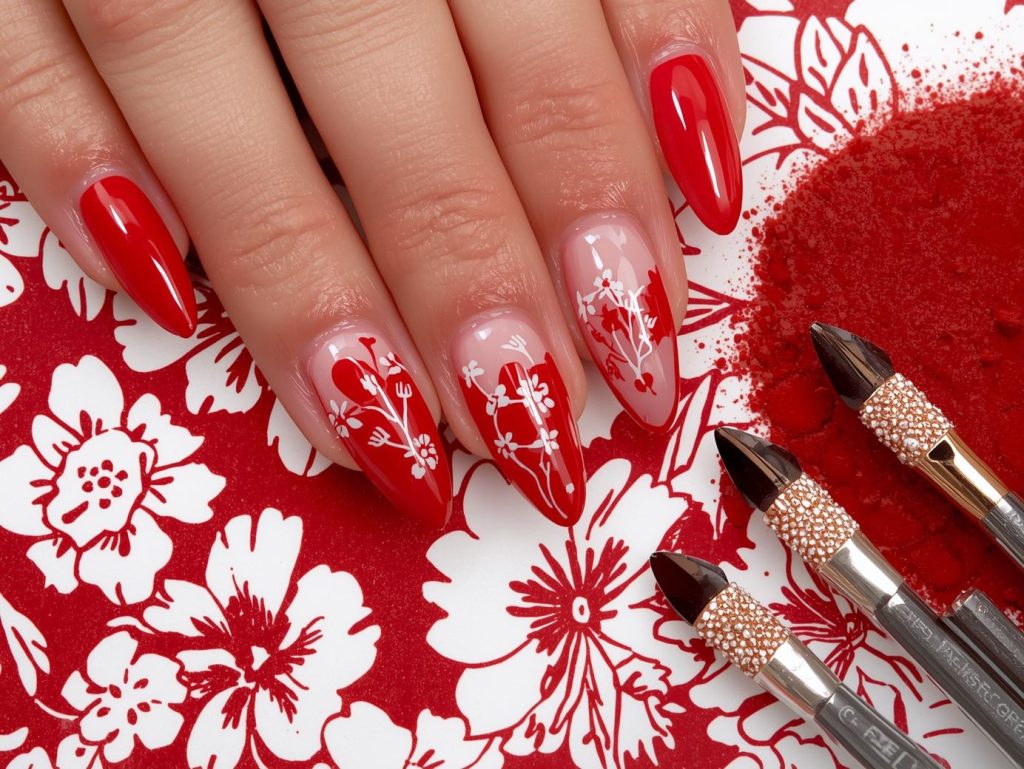 Classic red white floral DIY acrylic nail art with glossy finish.