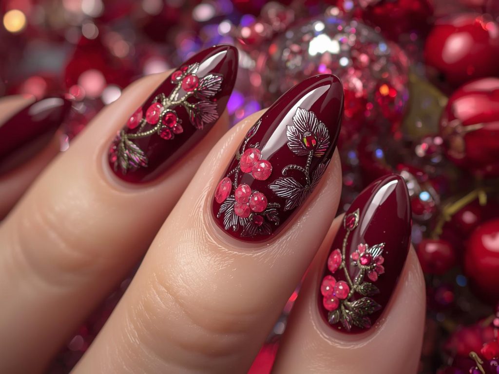  Glossy wine red holographic berry nail art with glossy finish.