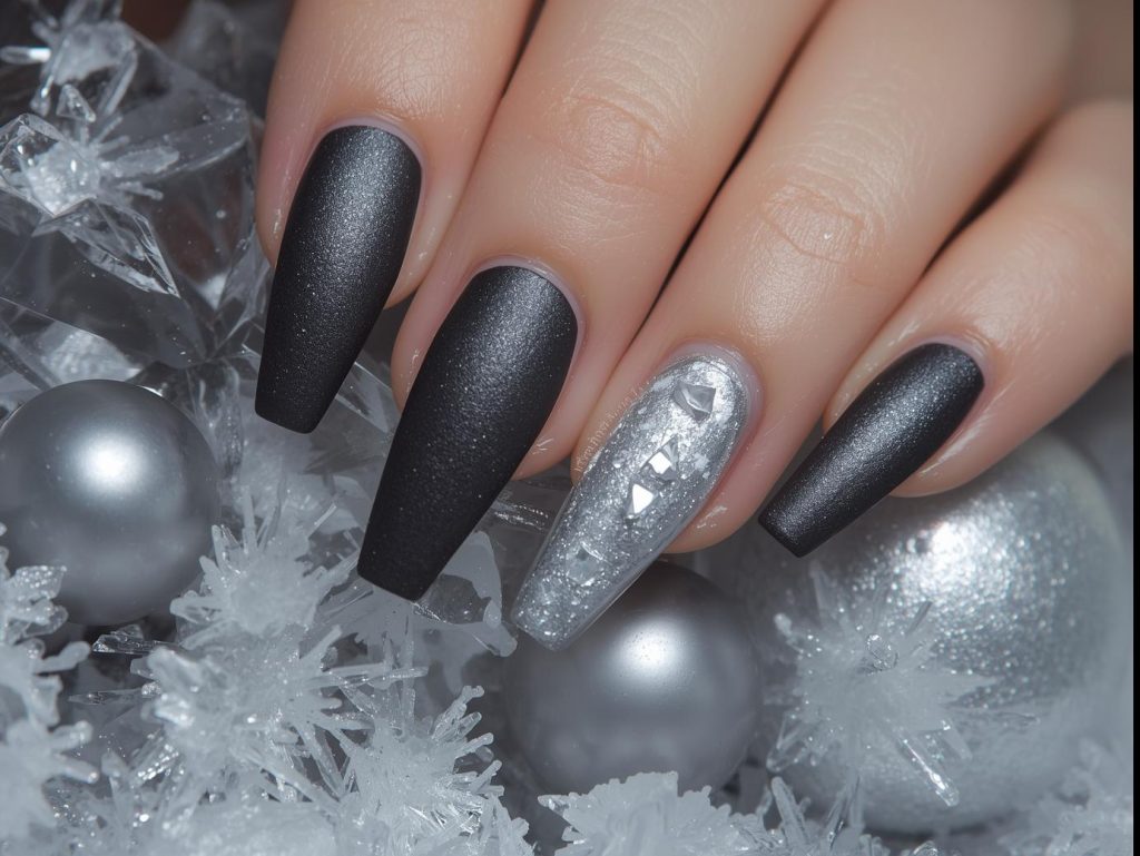 Deep silver frosted nail art with holographic frost accents.