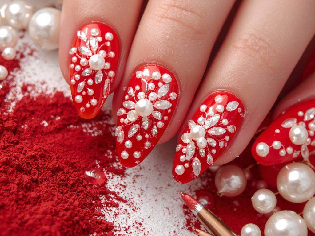 Classic red white pearl dip powder nail art with glossy finish