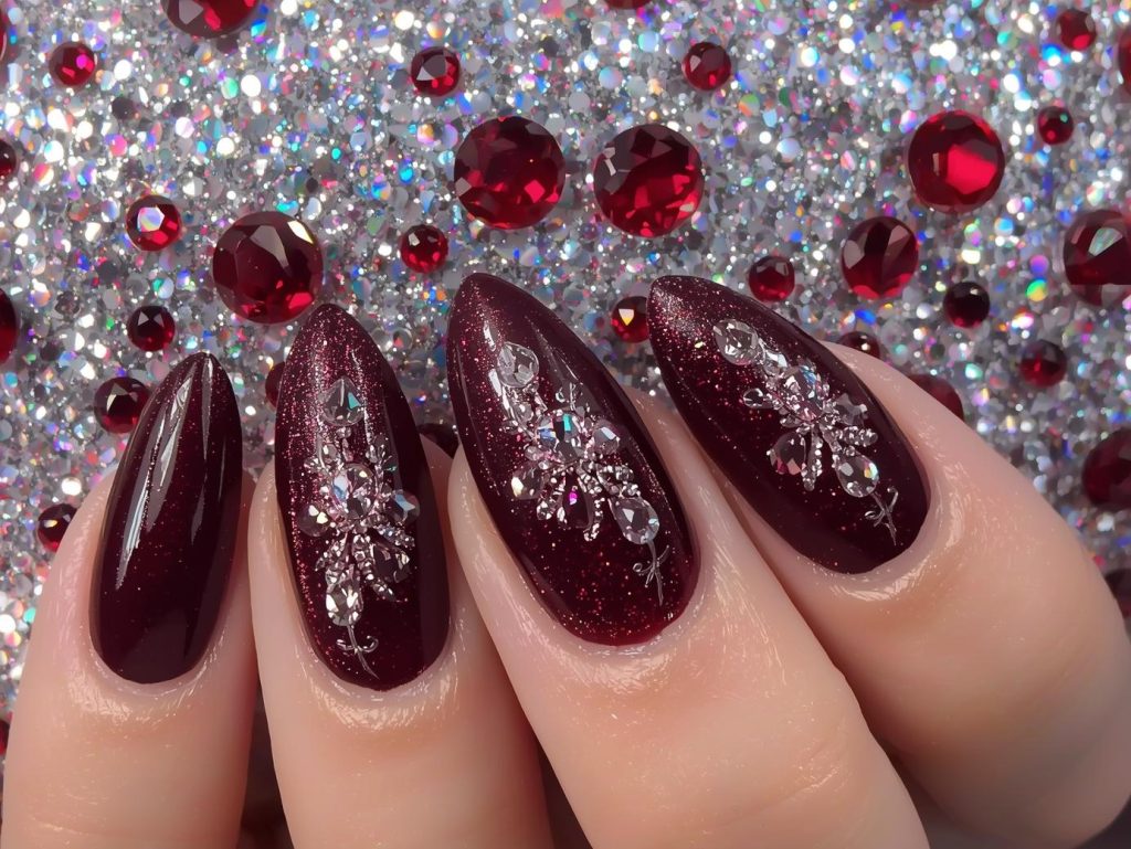 Glossy burgundy holographic gem nail art with glossy finish.