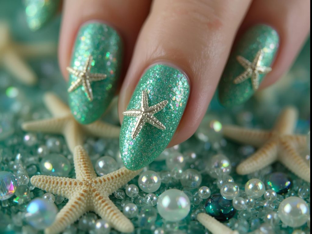Mermaid Nail Designs: Enchanting and Pinterest-Worthy Manicures to Adore 11 Holographic green mermaid nail art with starfish details.