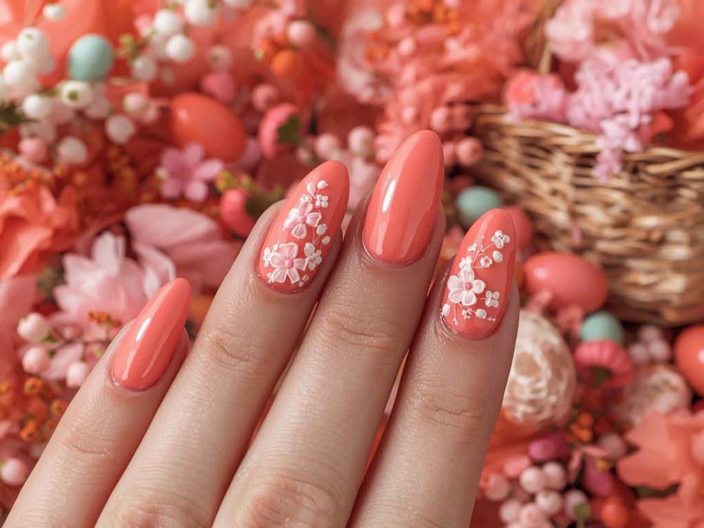 Easter Nail Designs: Playful and Pinterest-Worthy Manicures to Adore 11 Glossy coral pastel floral nail art with glossy finish.