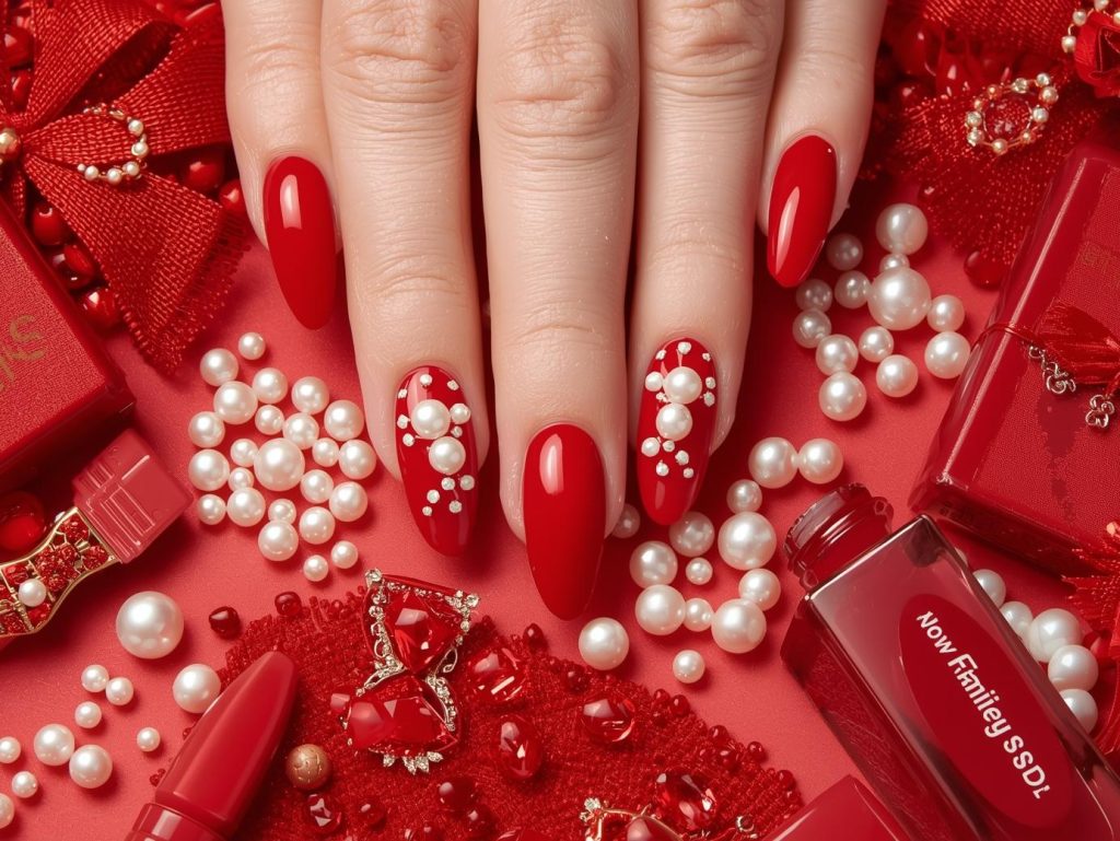Classic red white pearl press on nail art with glossy finish.