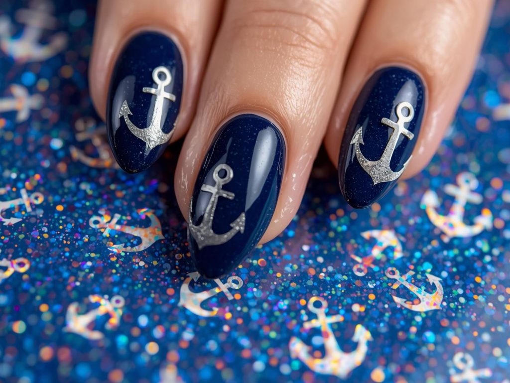 Glossy midnight blue holographic anchor nail art with glossy finish.
