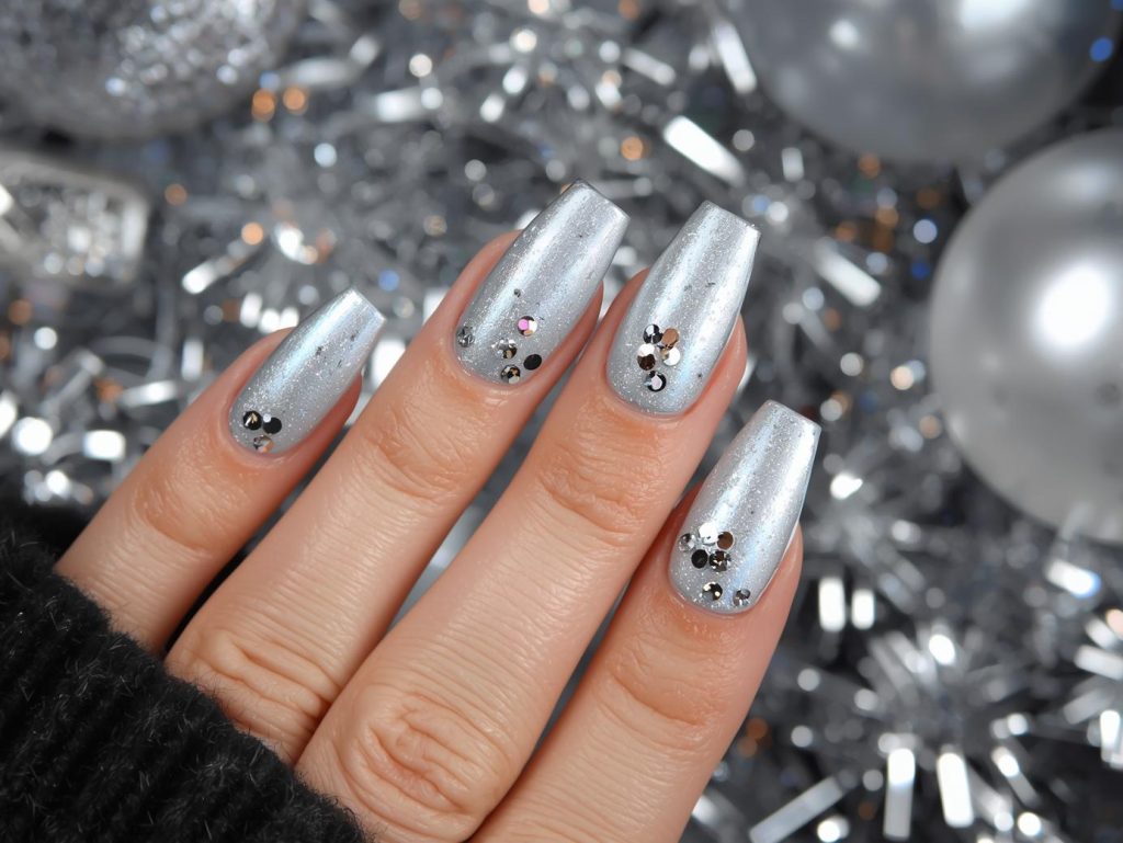 Shimmering silver iridescent confetti nail art with matte finish.