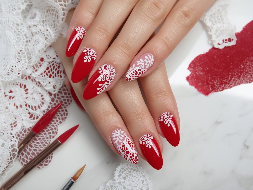 Nail Salon Inspiration: Stunning and Pinterest-Worthy Manicures to Adore 11 Classic red white lace stamped nail salon art with glossy finish.