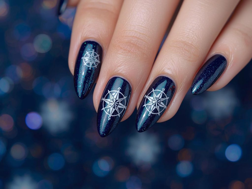 Navy Nail Designs: Bold and Pinterest-Worthy Manicures to Adore 11 Glossy navy holographic compass nail art with glossy finish.