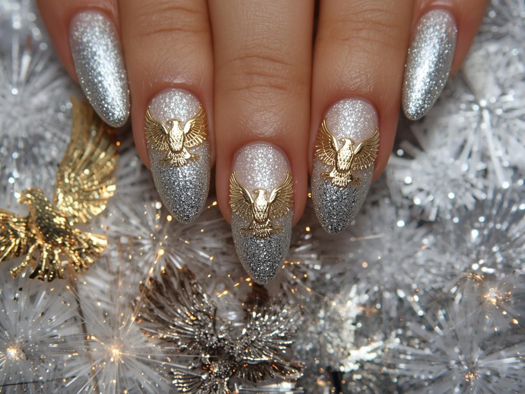 Shimmering silver gold eagle nail art with matte finish.